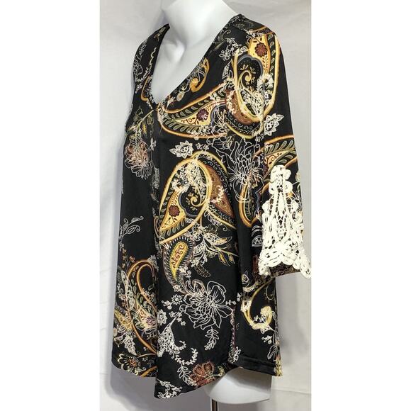 Stem Vine 1/2 Sleeve Silky top S blk Gold Paisley Lace Trim V-neck - Picture 3 of 7